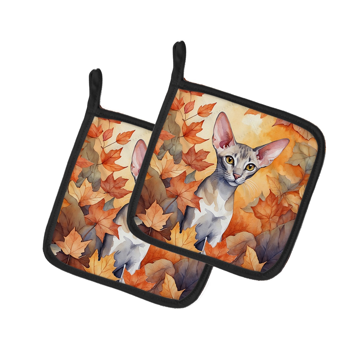 Oriental Shorthair Cat in Fall Leaves Pot Holder Set of 2 Heat Resistant Quilted Hot Pads 7.5 x 7.5 Inch, Insulated Kitchen Trivets for Cooking & Baking