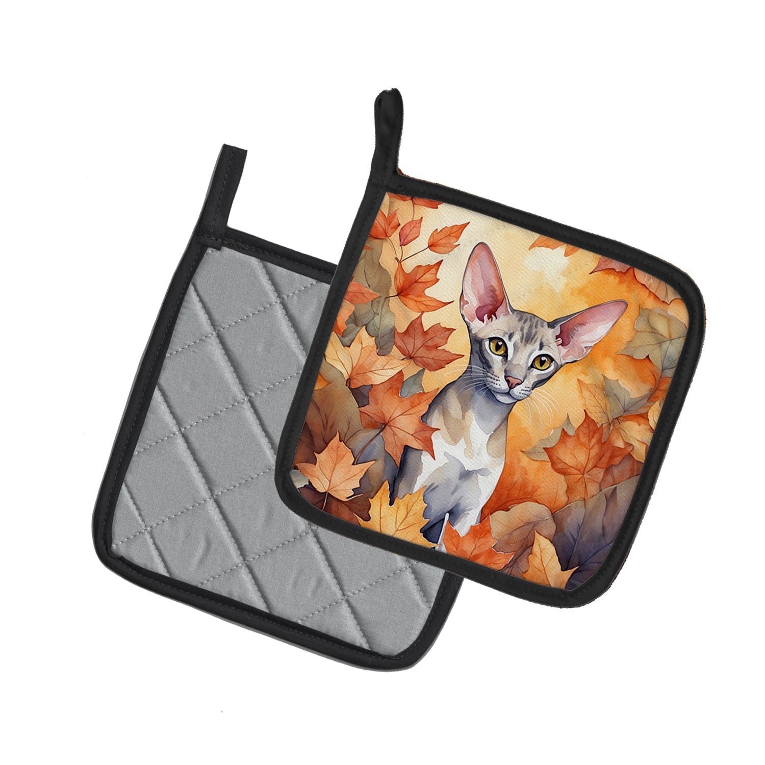 Oriental Shorthair Cat in Fall Leaves Pot Holder Set of 2 Heat Resistant Quilted Hot Pads 7.5 x 7.5 Inch, Insulated Kitchen Trivets for Cooking & Baking