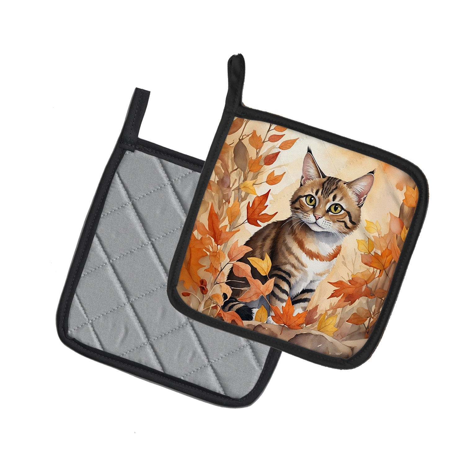 Owyhee Bob Cat in Fall Leaves Pot Holder Set of 2 Heat Resistant Quilted Hot Pads 7.5 x 7.5 Inch, Insulated Kitchen Trivets for Cooking & Baking