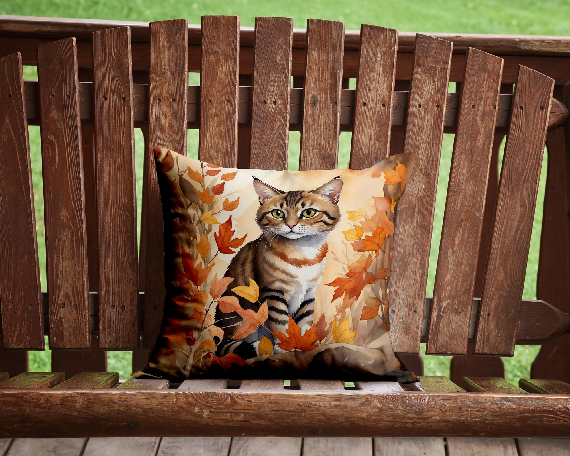 Owyhee Bob Cat in Fall Leaves Decorative Throw Pillow 14x14 Indoor Outdoor Accent Cushion, Fabric Cover with Insert for Sofa, Bed, Porch & Living Room