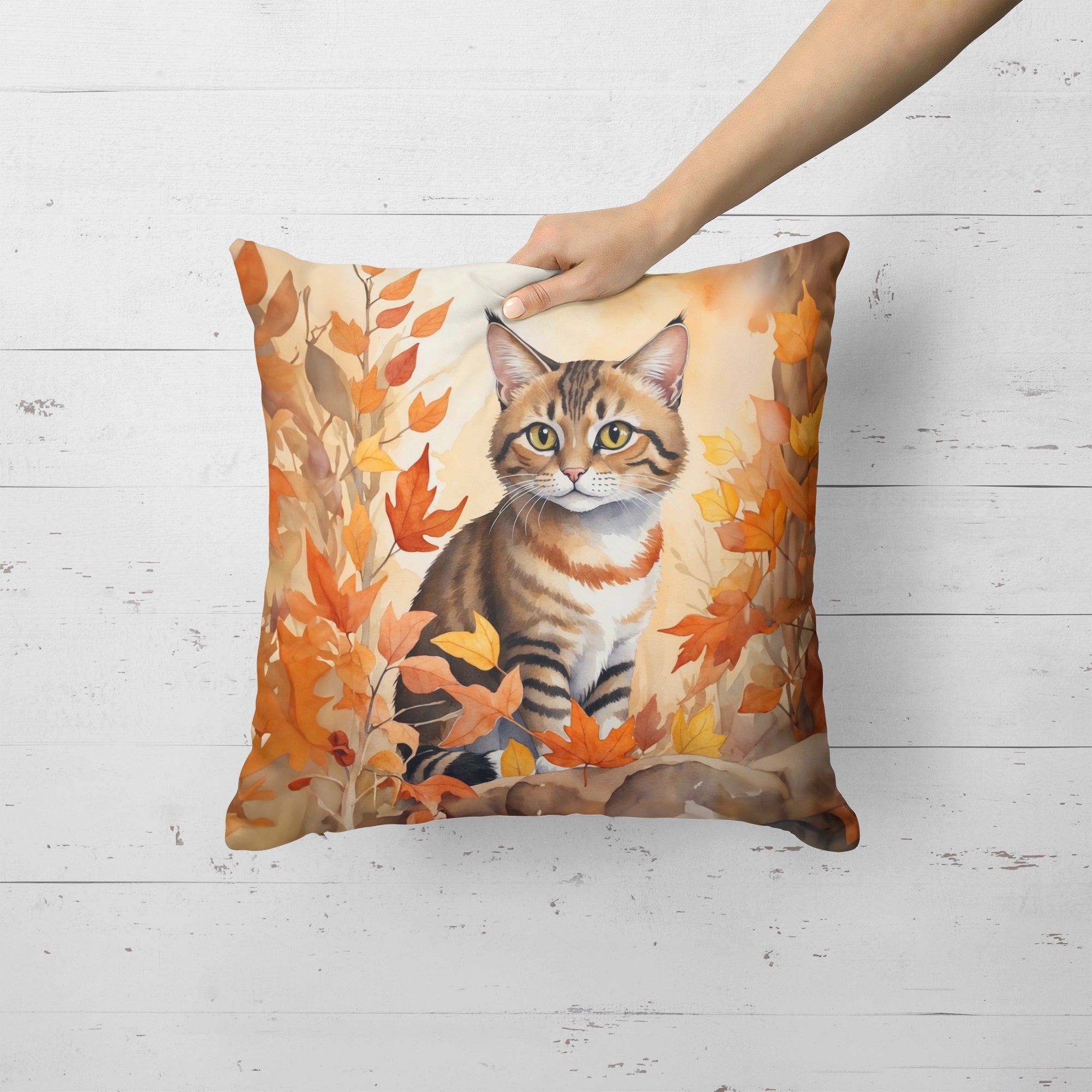 Owyhee Bob Cat in Fall Leaves Decorative Throw Pillow 18x18 Indoor Outdoor Accent Cushion, Fabric Cover with Insert for Sofa, Bed, Porch & Living Room