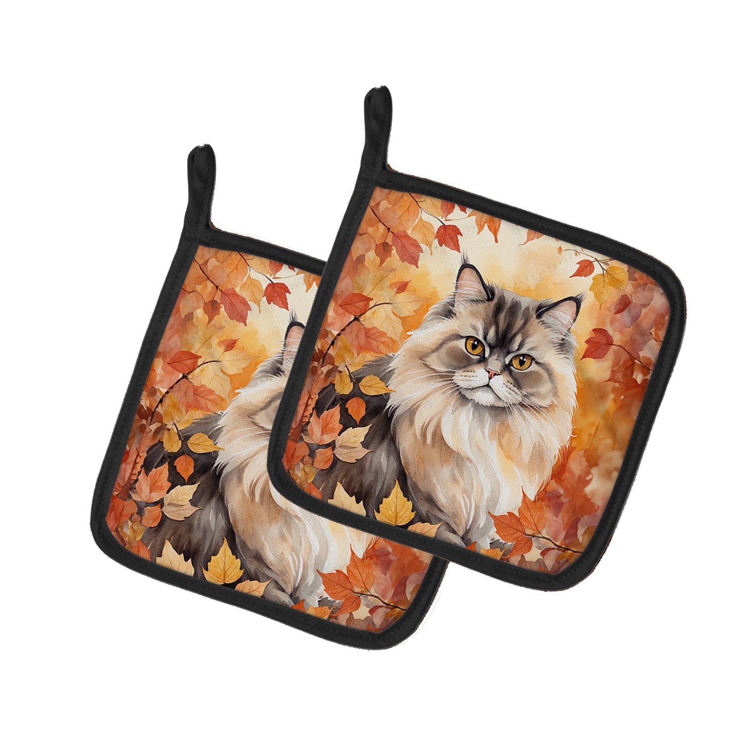Persian Cat in Fall Leaves Pot Holder Set of 2 Heat Resistant Quilted Hot Pads 7.5 x 7.5 Inch, Insulated Kitchen Trivets for Cooking & Baking