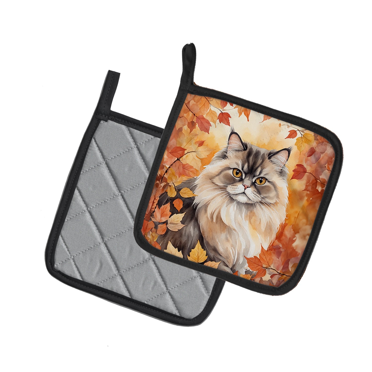 Persian Cat in Fall Leaves Pot Holder Set of 2 Heat Resistant Quilted Hot Pads 7.5 x 7.5 Inch, Insulated Kitchen Trivets for Cooking & Baking