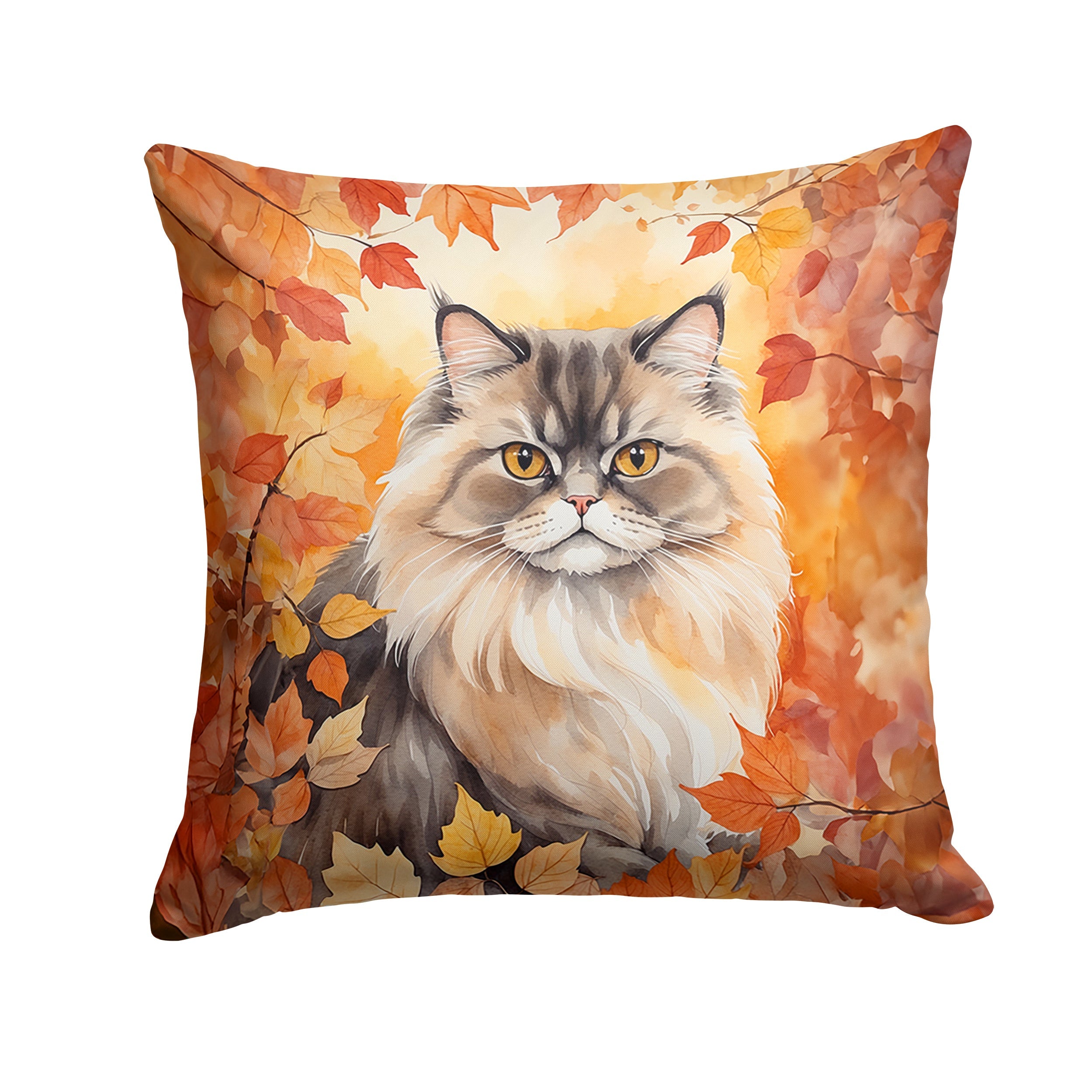 Persian Cat in Fall Leaves Decorative Throw Pillow 14x14 Indoor Outdoor Accent Cushion, Fabric Cover with Insert for Sofa, Bed, Porch & Living Room