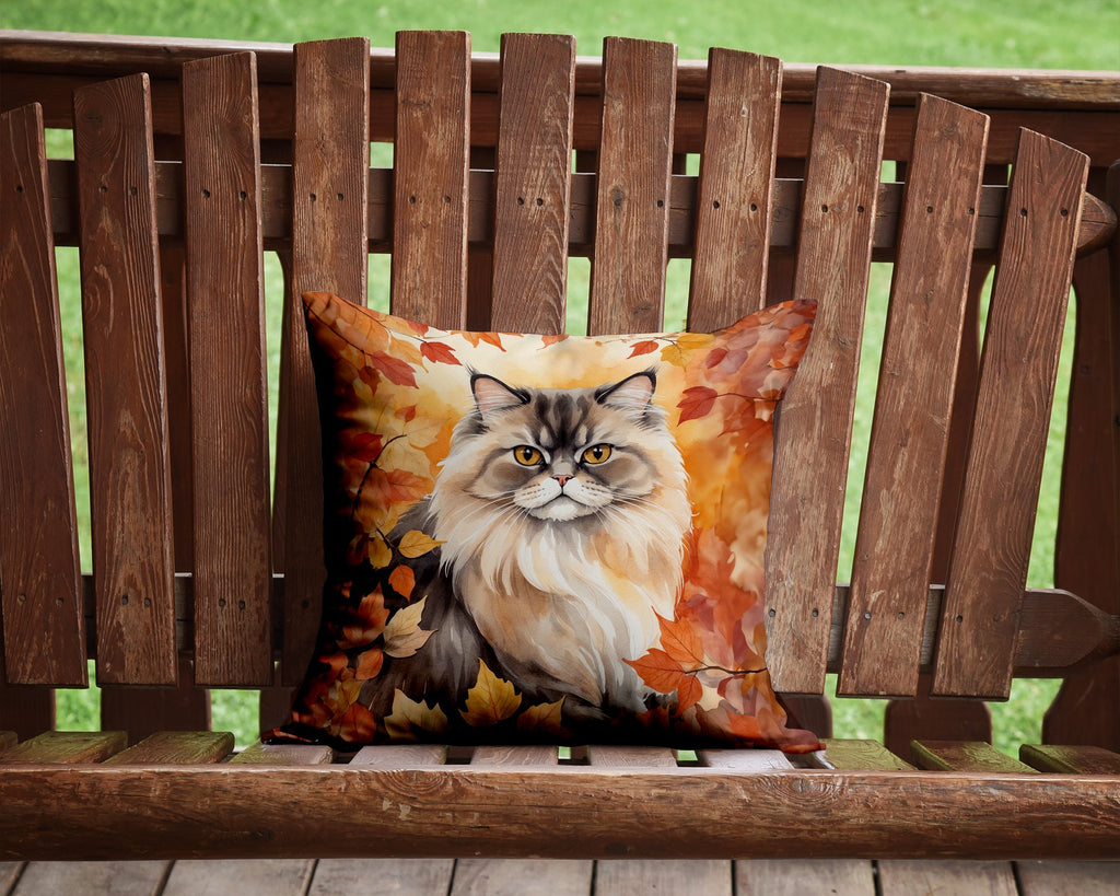 Persian Cat in Fall Leaves Decorative Throw Pillow 14x14 Indoor Outdoor Accent Cushion, Fabric Cover with Insert for Sofa, Bed, Porch & Living Room