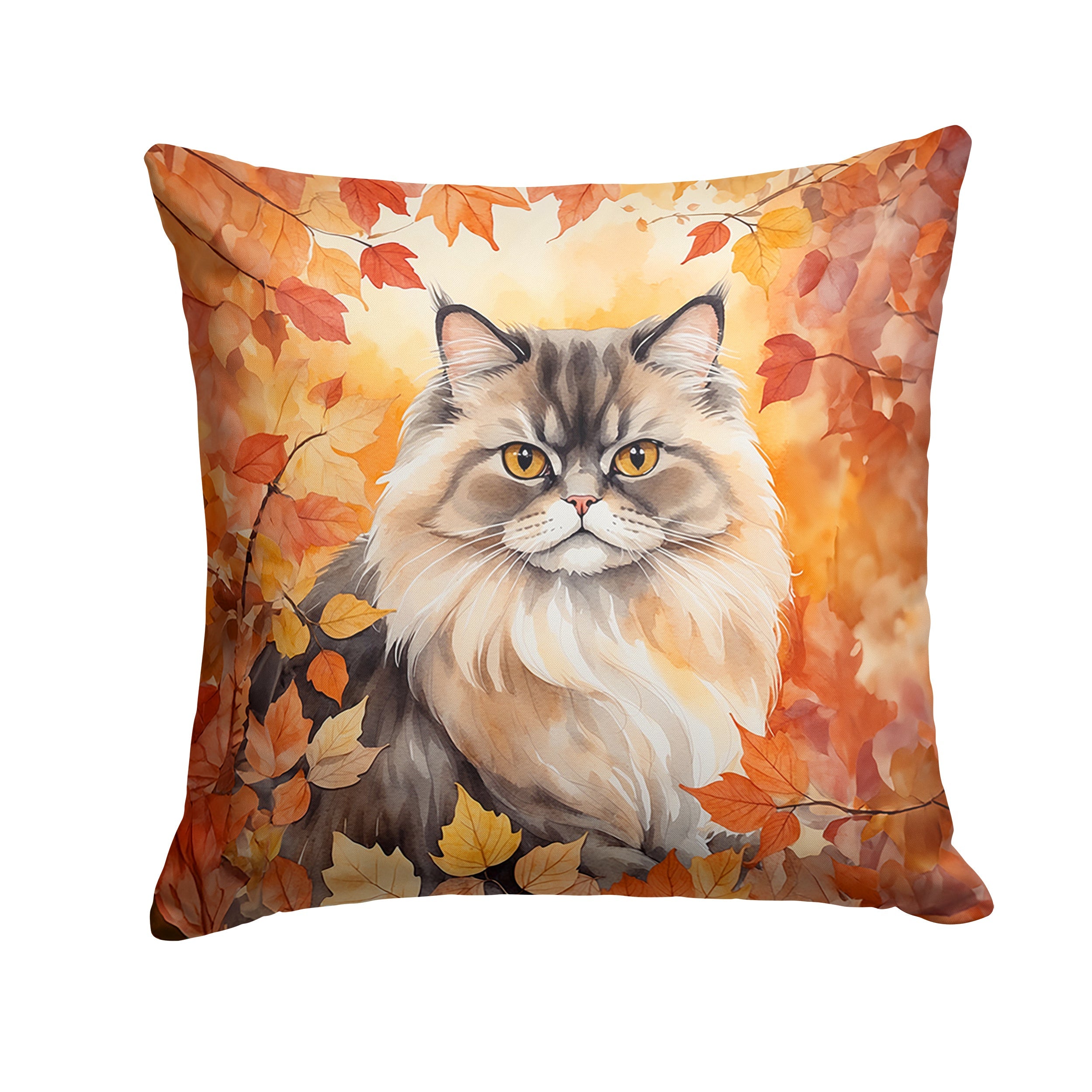 Persian Cat in Fall Leaves Decorative Throw Pillow 18x18 Indoor Outdoor Accent Cushion, Fabric Cover with Insert for Sofa, Bed, Porch & Living Room