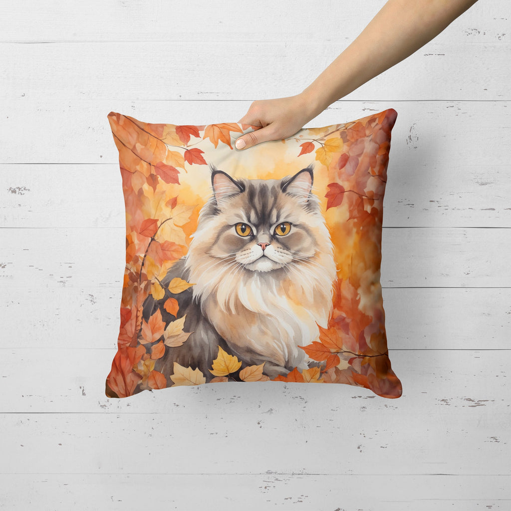 Persian Cat in Fall Leaves Decorative Throw Pillow 18x18 Indoor Outdoor Accent Cushion, Fabric Cover with Insert for Sofa, Bed, Porch & Living Room