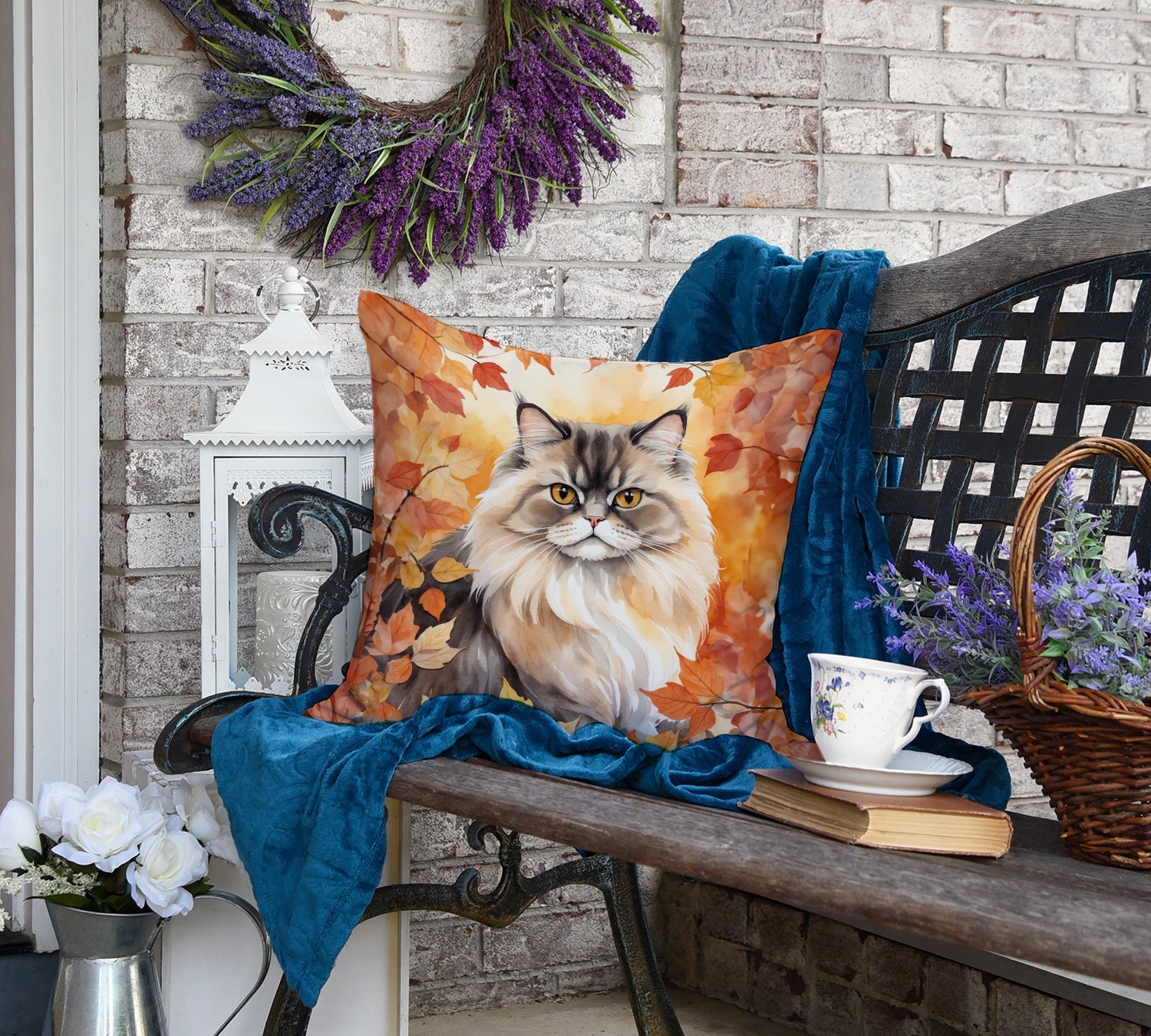 Persian Cat in Fall Leaves Decorative Throw Pillow 18x18 Indoor Outdoor Accent Cushion, Fabric Cover with Insert for Sofa, Bed, Porch & Living Room