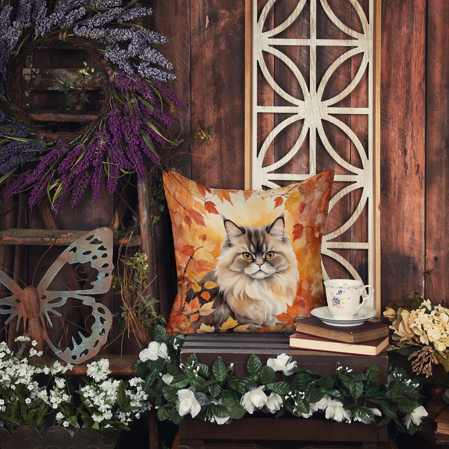 Persian Cat in Fall Leaves Decorative Throw Pillow 18x18 Indoor Outdoor Accent Cushion, Fabric Cover with Insert for Sofa, Bed, Porch & Living Room