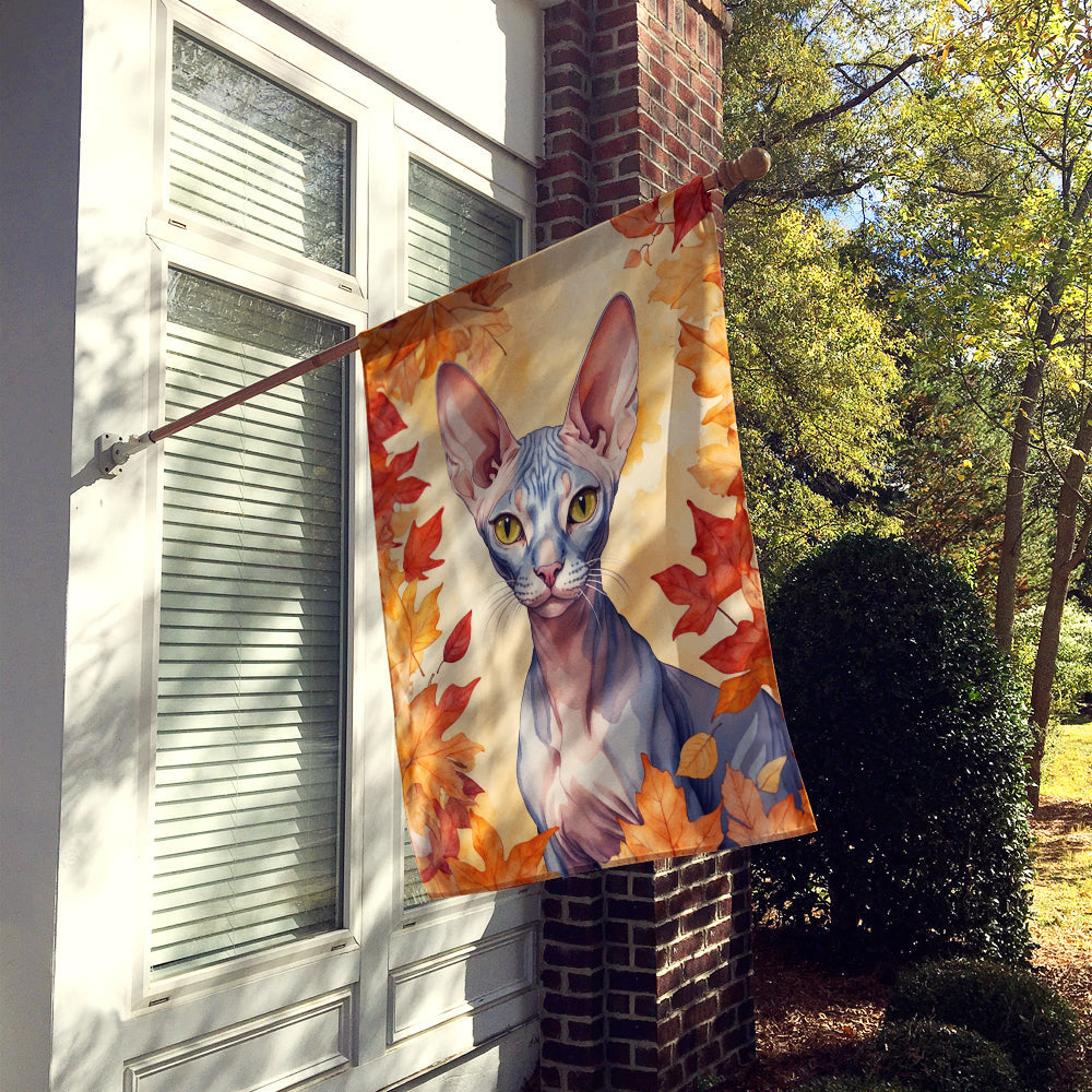Peterbald Cat in Fall Leaves House Flag 28x40 Porch Sleeve Pole Decorative Outside Yard Banner Artwork Wall Hanging, Polyester