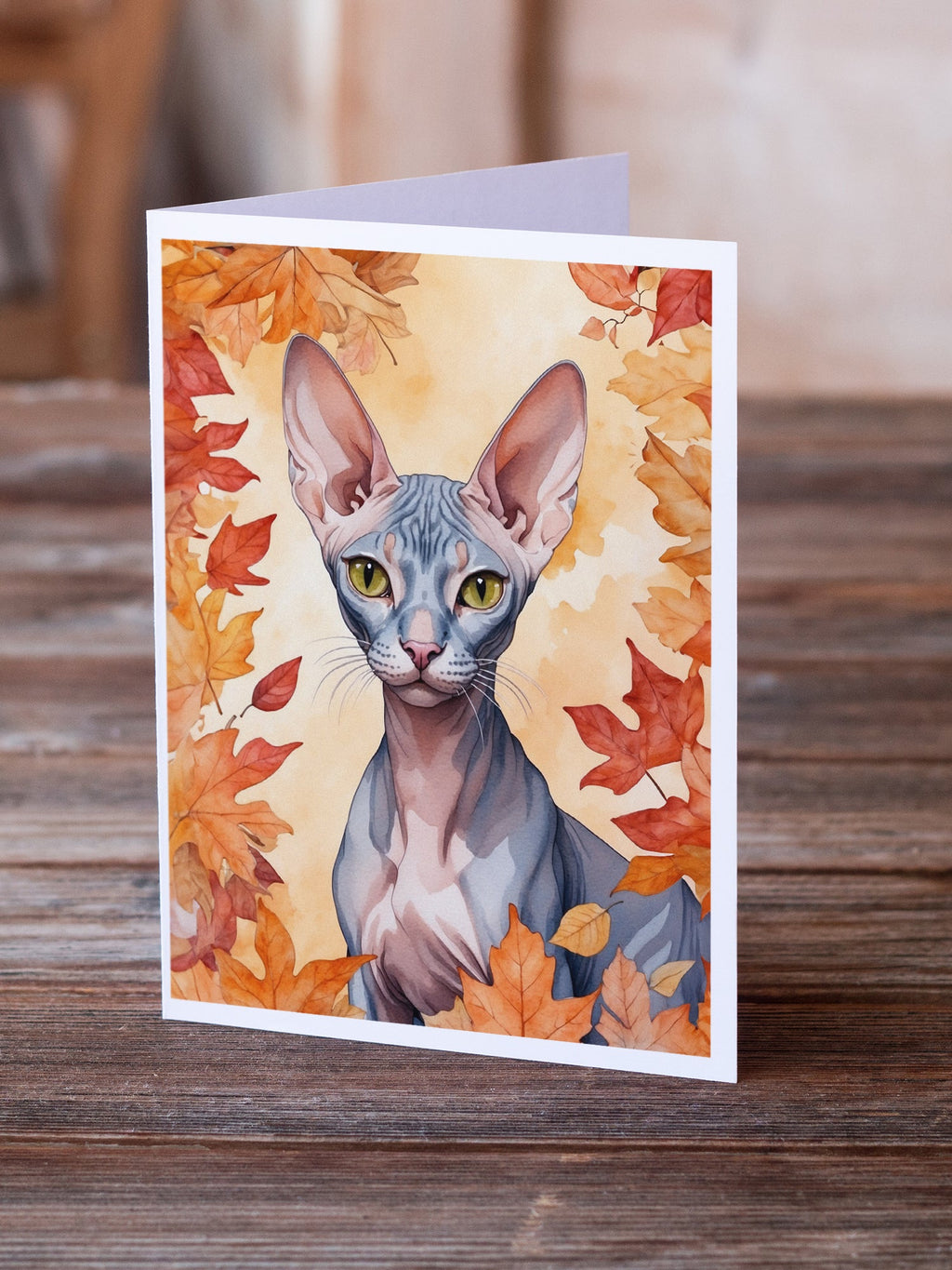 Peterbald Cat in Fall Leaves Greeting Cards Pack of 8 Blank Cards with Envelopes Whimsical A7 Size 5x7