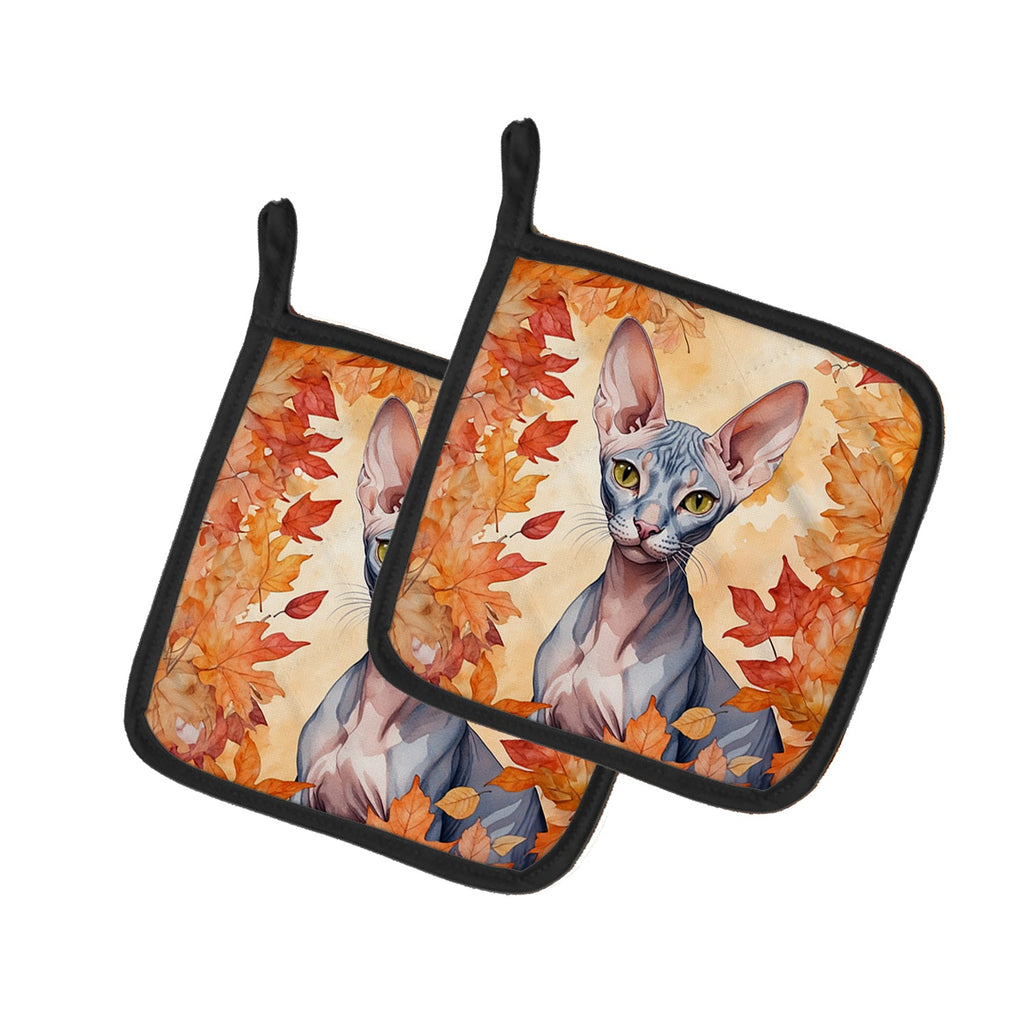 Peterbald Cat in Fall Leaves Pot Holder Set of 2 Heat Resistant Quilted Hot Pads 7.5 x 7.5 Inch, Insulated Kitchen Trivets for Cooking & Baking