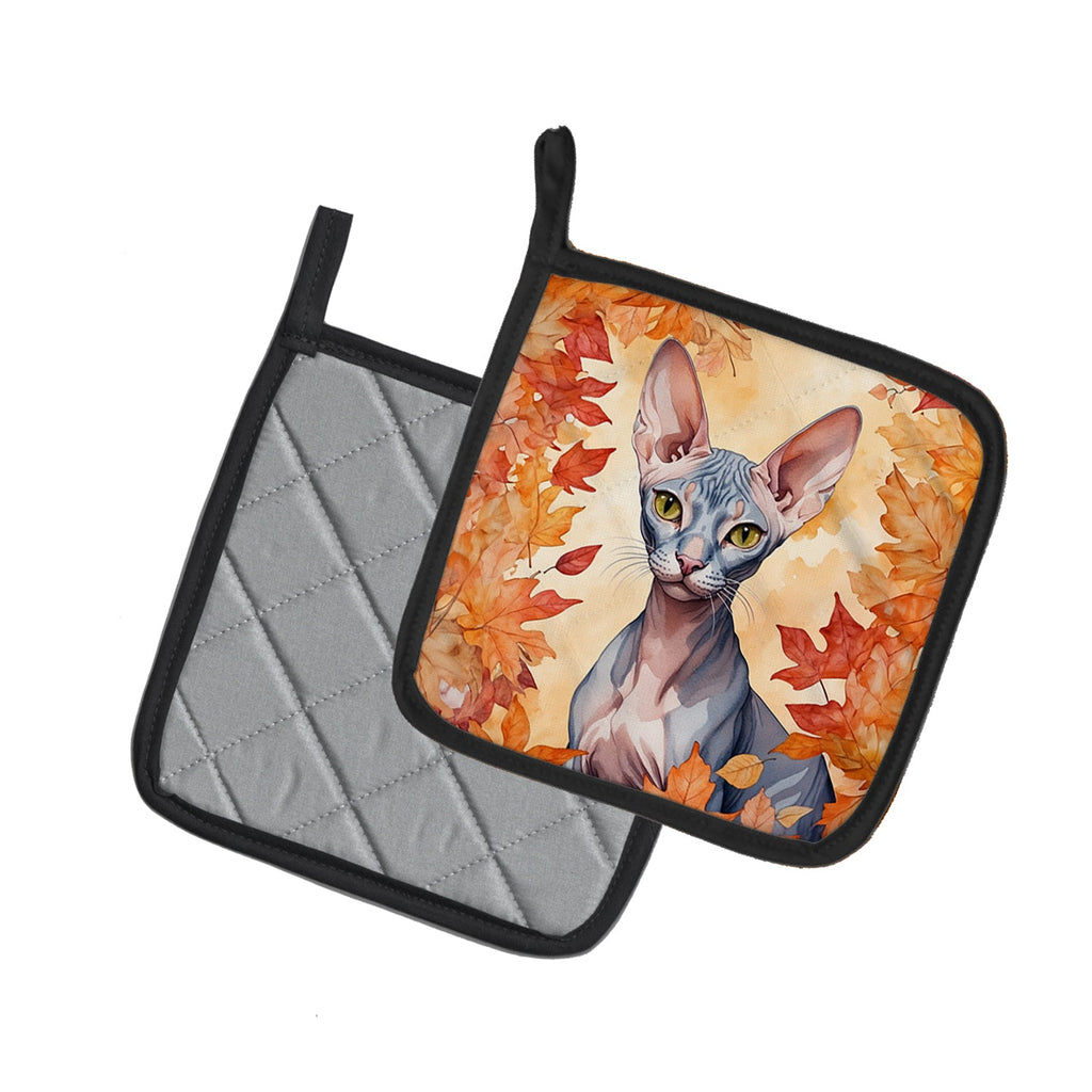 Peterbald Cat in Fall Leaves Pot Holder Set of 2 Heat Resistant Quilted Hot Pads 7.5 x 7.5 Inch, Insulated Kitchen Trivets for Cooking & Baking