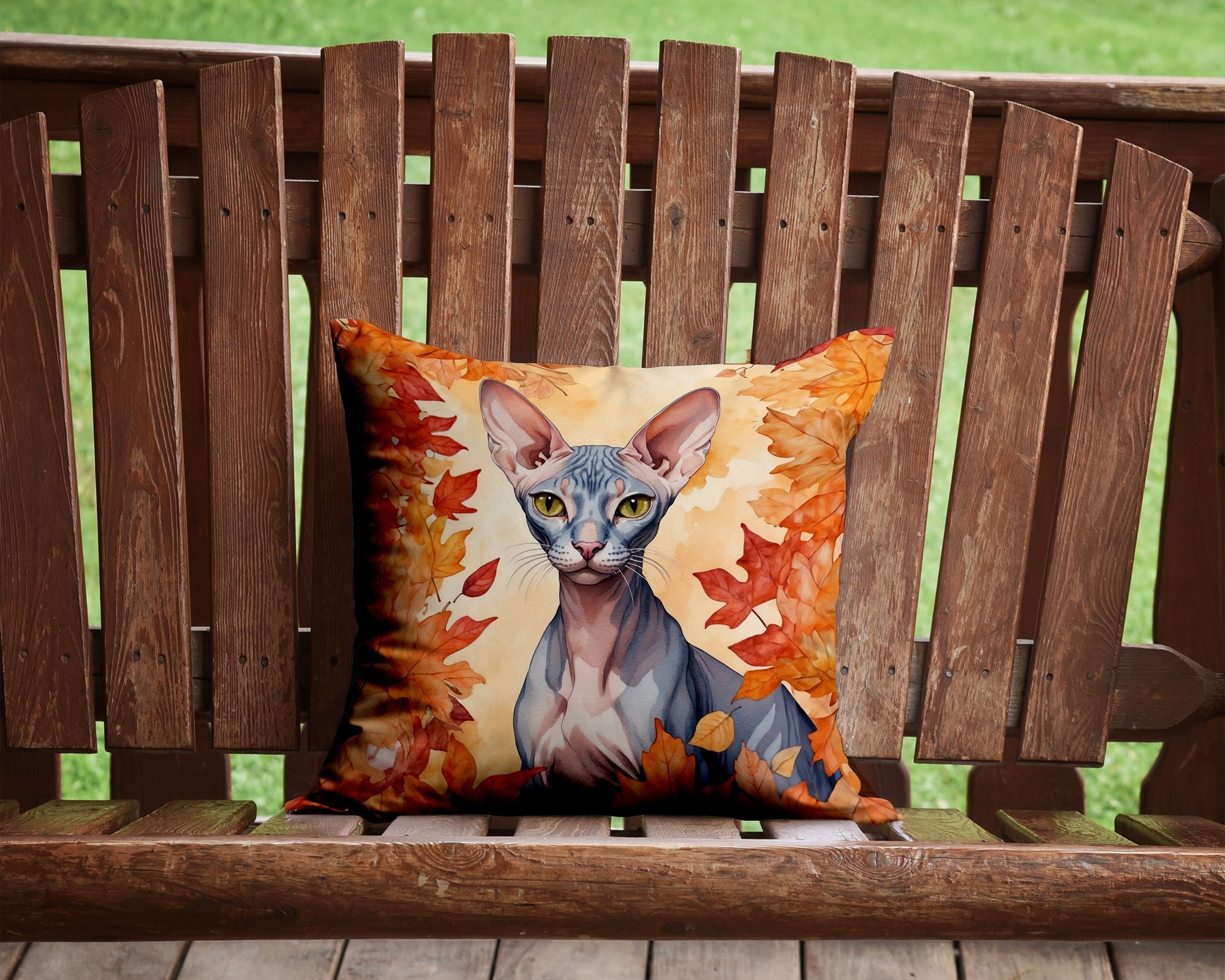 Peterbald Cat in Fall Leaves Decorative Throw Pillow 14x14 Indoor Outdoor Accent Cushion, Fabric Cover with Insert for Sofa, Bed, Porch & Living Room