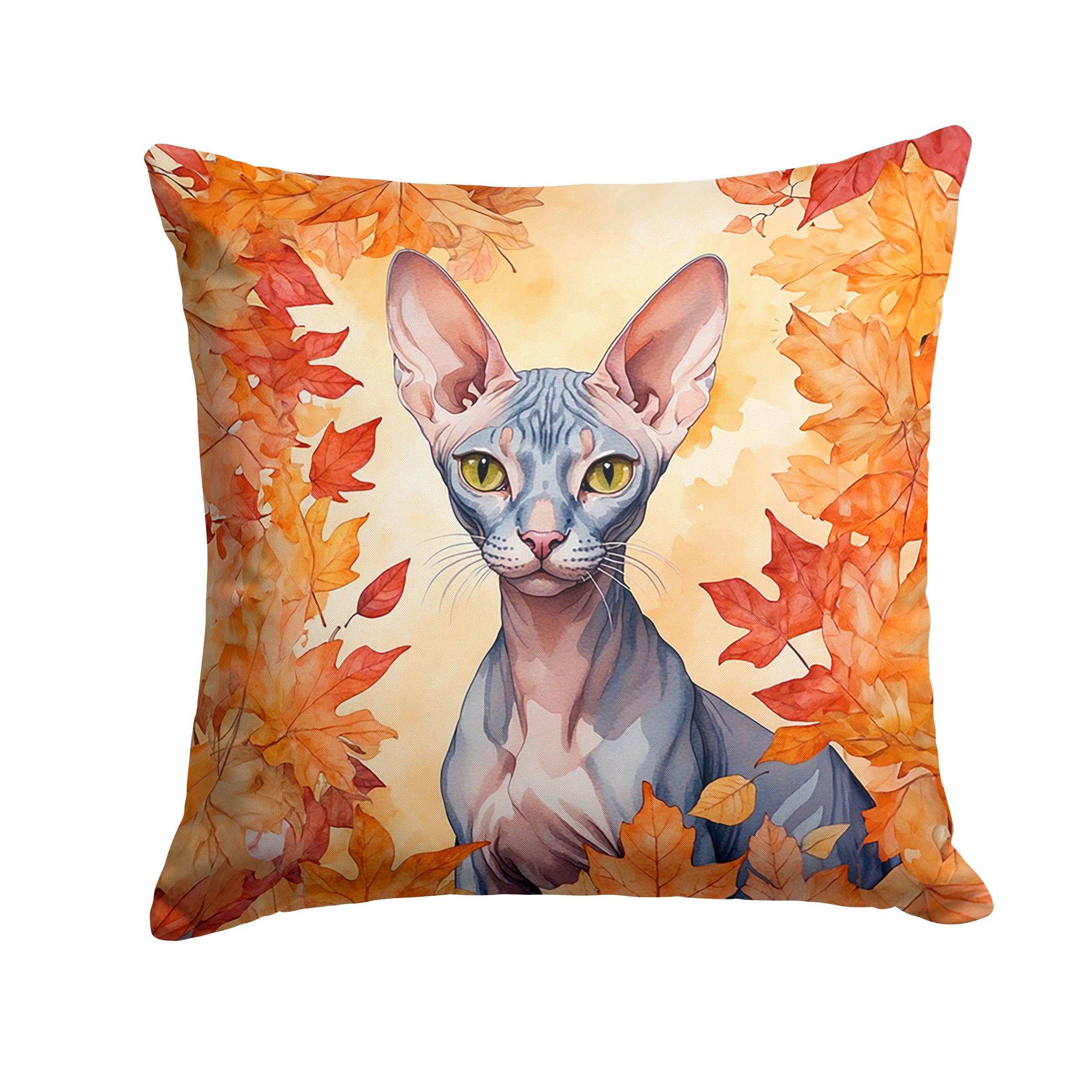 Peterbald Cat in Fall Leaves Decorative Throw Pillow 18x18 Indoor Outdoor Accent Cushion, Fabric Cover with Insert for Sofa, Bed, Porch & Living Room