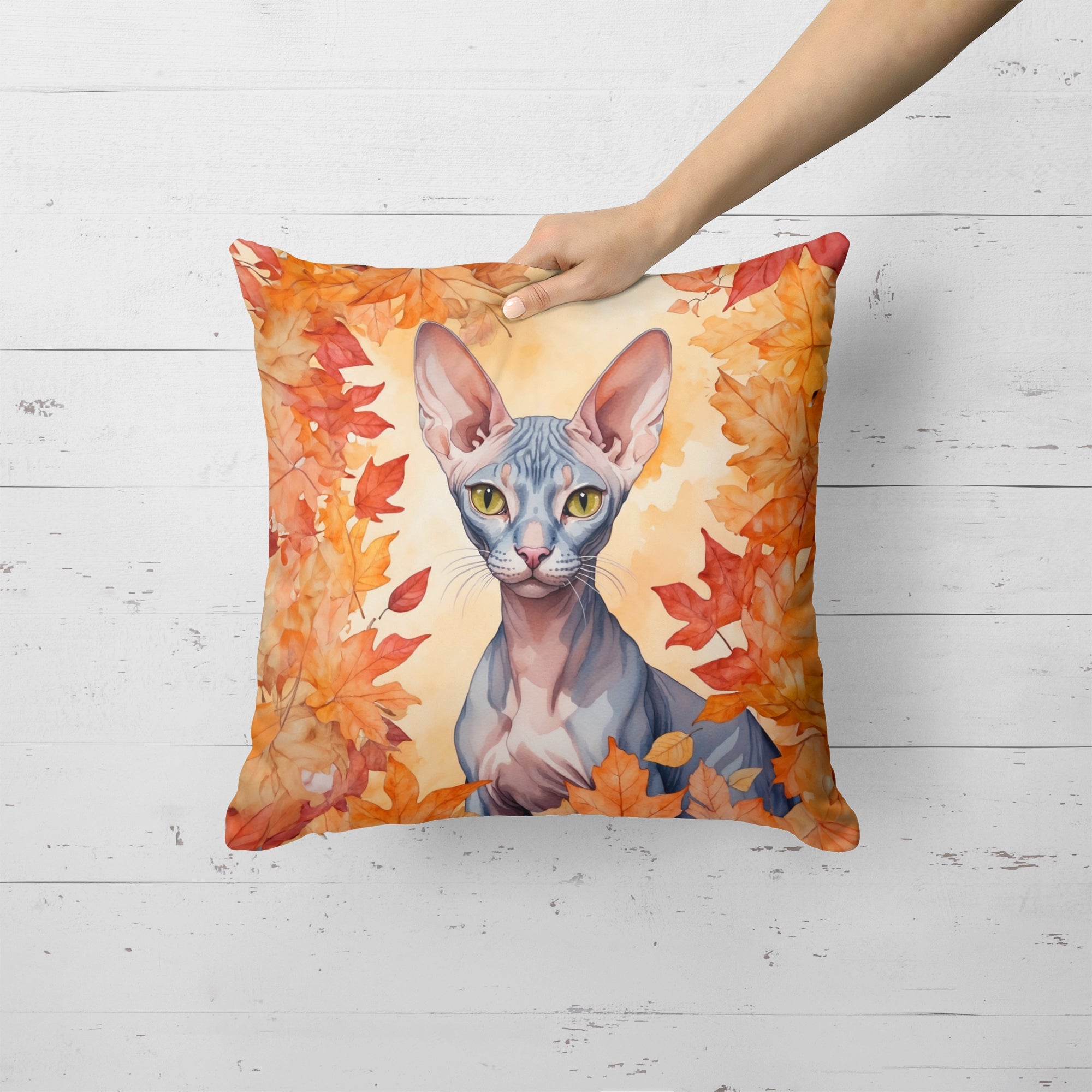 Peterbald Cat in Fall Leaves Decorative Throw Pillow 18x18 Indoor Outdoor Accent Cushion, Fabric Cover with Insert for Sofa, Bed, Porch & Living Room