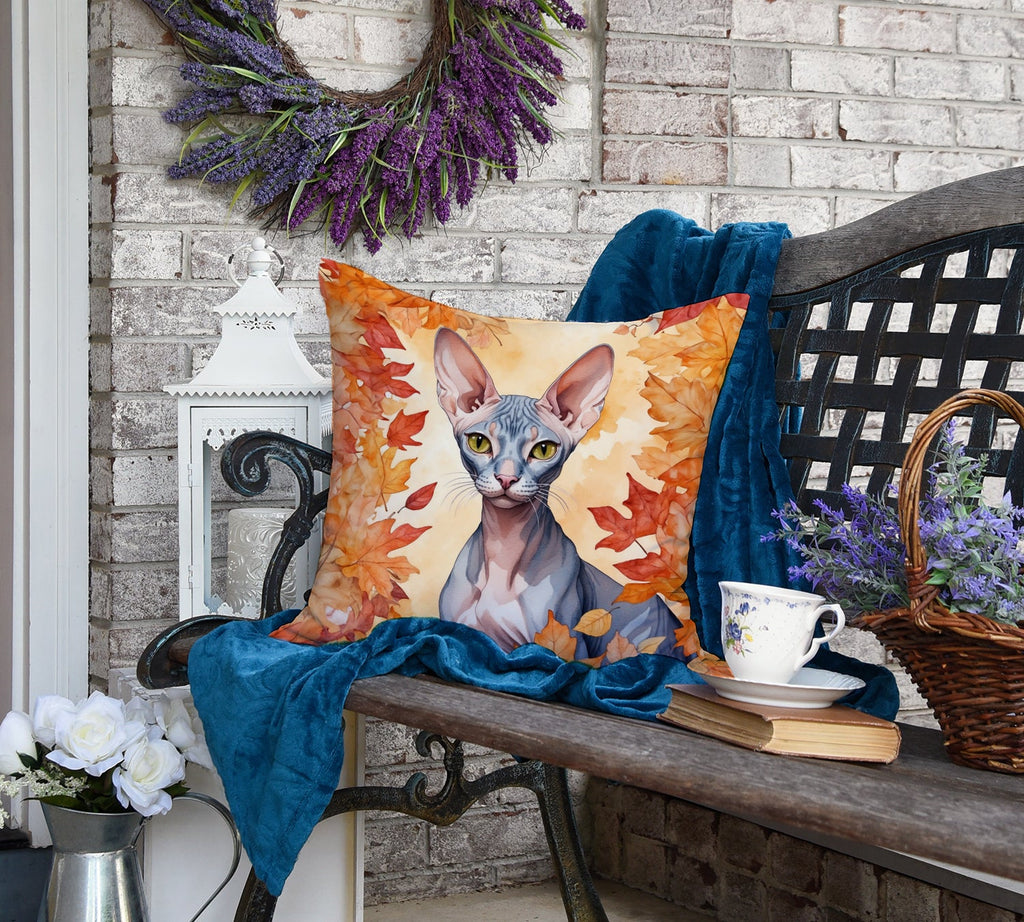 Peterbald Cat in Fall Leaves Decorative Throw Pillow 18x18 Indoor Outdoor Accent Cushion, Fabric Cover with Insert for Sofa, Bed, Porch & Living Room