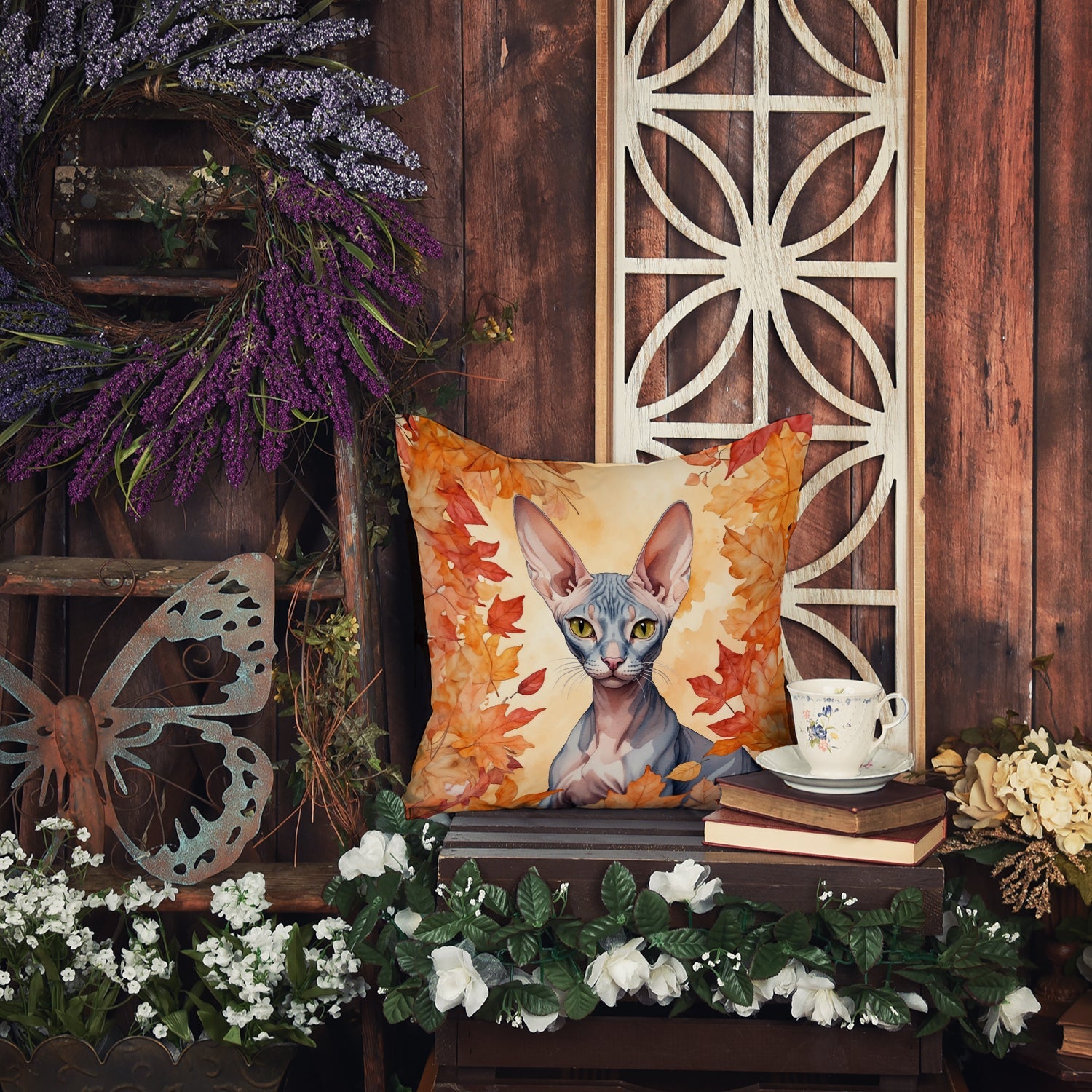 Peterbald Cat in Fall Leaves Decorative Throw Pillow 18x18 Indoor Outdoor Accent Cushion, Fabric Cover with Insert for Sofa, Bed, Porch & Living Room