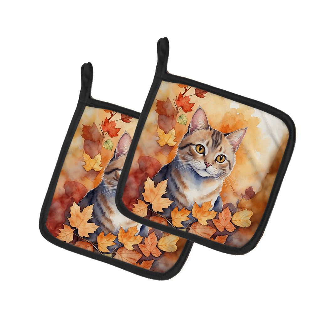 Raas Cat in Fall Leaves Pot Holder Set of 2 Heat Resistant Quilted Hot Pads 7.5 x 7.5 Inch, Insulated Kitchen Trivets for Cooking & Baking