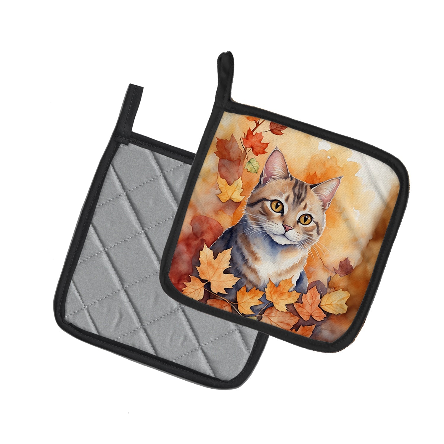 Raas Cat in Fall Leaves Pot Holder Set of 2 Heat Resistant Quilted Hot Pads 7.5 x 7.5 Inch, Insulated Kitchen Trivets for Cooking & Baking