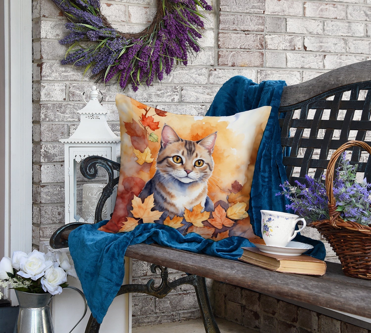 Raas Cat in Fall Leaves Decorative Throw Pillow 18x18 Indoor Outdoor Accent Cushion, Fabric Cover with Insert for Sofa, Bed, Porch & Living Room