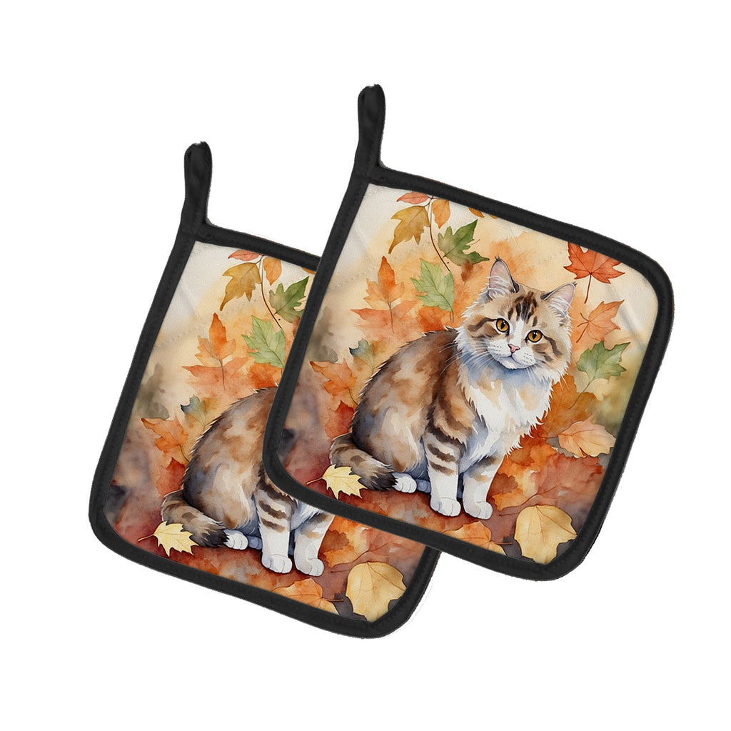 Ragamuffin Cat in Fall Leaves Pot Holder Set of 2 Heat Resistant Quilted Hot Pads 7.5 x 7.5 Inch, Insulated Kitchen Trivets for Cooking & Baking