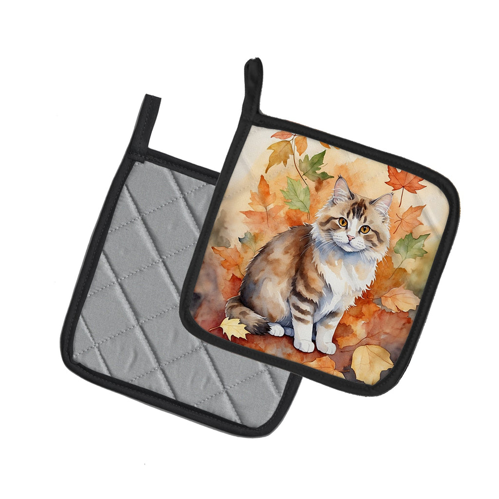 Ragamuffin Cat in Fall Leaves Pot Holder Set of 2 Heat Resistant Quilted Hot Pads 7.5 x 7.5 Inch, Insulated Kitchen Trivets for Cooking & Baking
