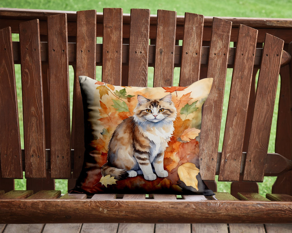 Ragamuffin Cat in Fall Leaves Decorative Throw Pillow 14x14 Indoor Outdoor Accent Cushion, Fabric Cover with Insert for Sofa, Bed, Porch & Living Room
