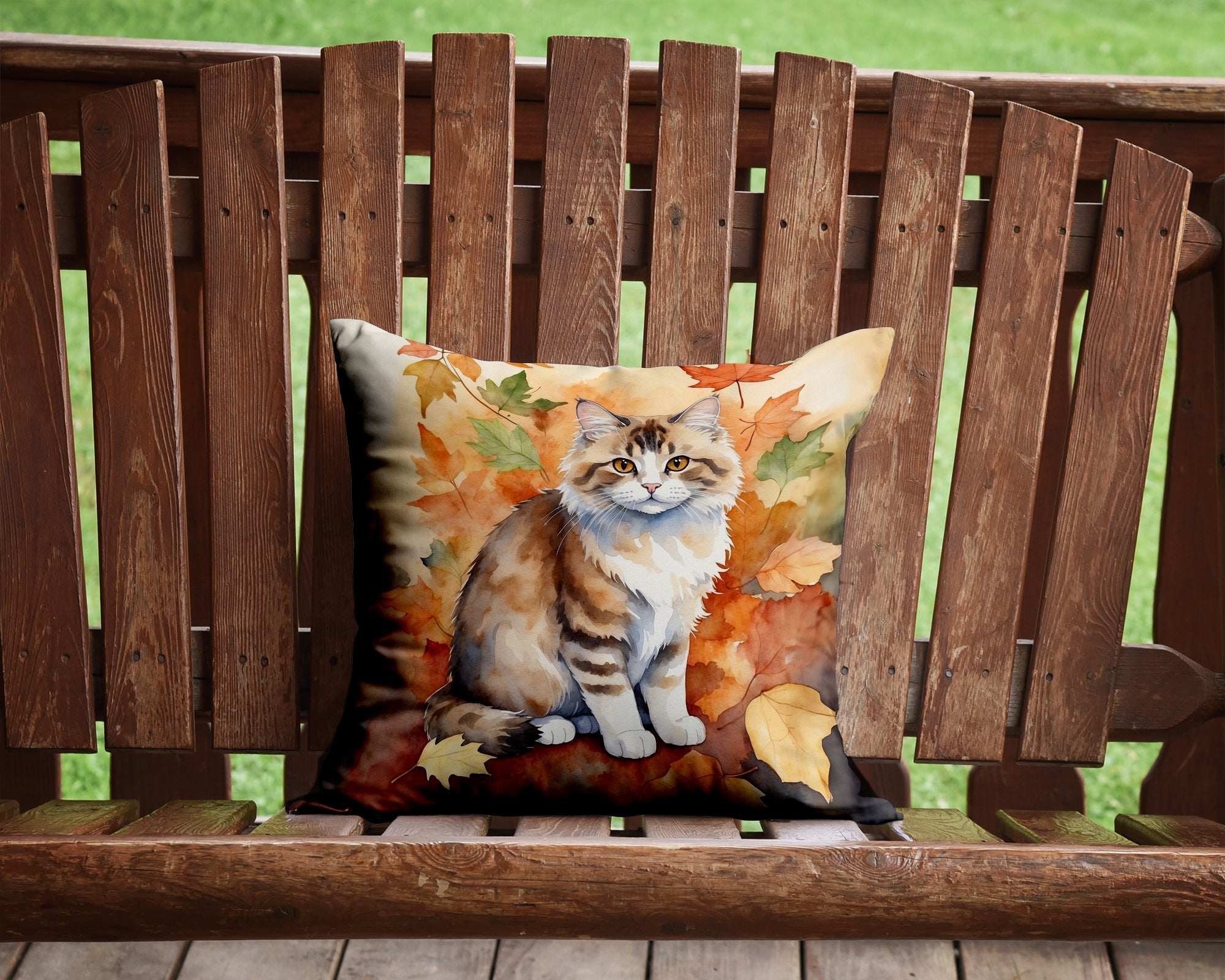 Ragamuffin Cat in Fall Leaves Decorative Throw Pillow 14x14 Indoor Outdoor Accent Cushion, Fabric Cover with Insert for Sofa, Bed, Porch & Living Room