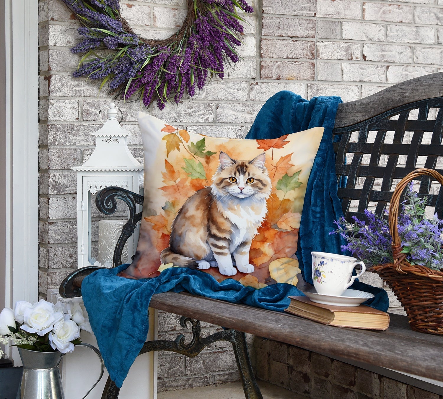 Ragamuffin Cat in Fall Leaves Decorative Throw Pillow 18x18 Indoor Outdoor Accent Cushion, Fabric Cover with Insert for Sofa, Bed, Porch & Living Room