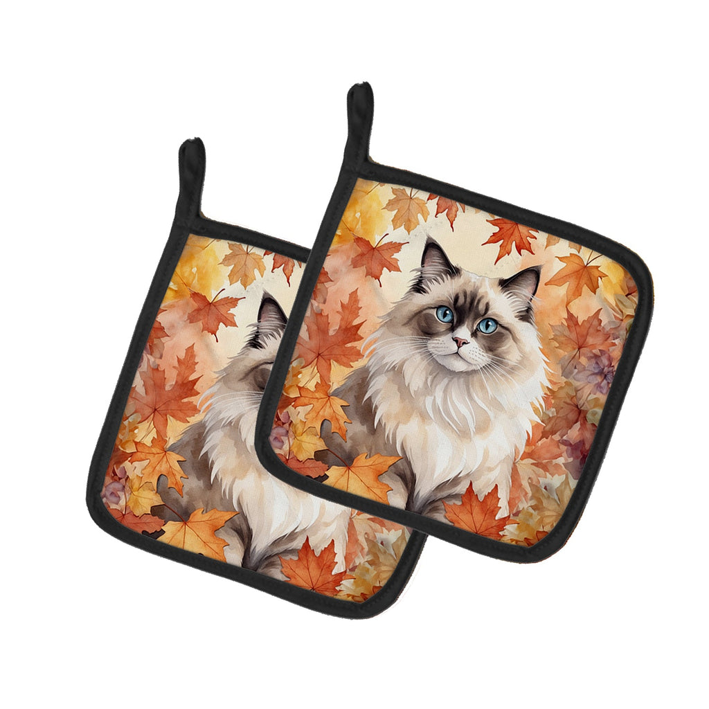 Ragdoll Cat in Fall Leaves Pot Holder Set of 2 Heat Resistant Quilted Hot Pads 7.5 x 7.5 Inch, Insulated Kitchen Trivets for Cooking & Baking