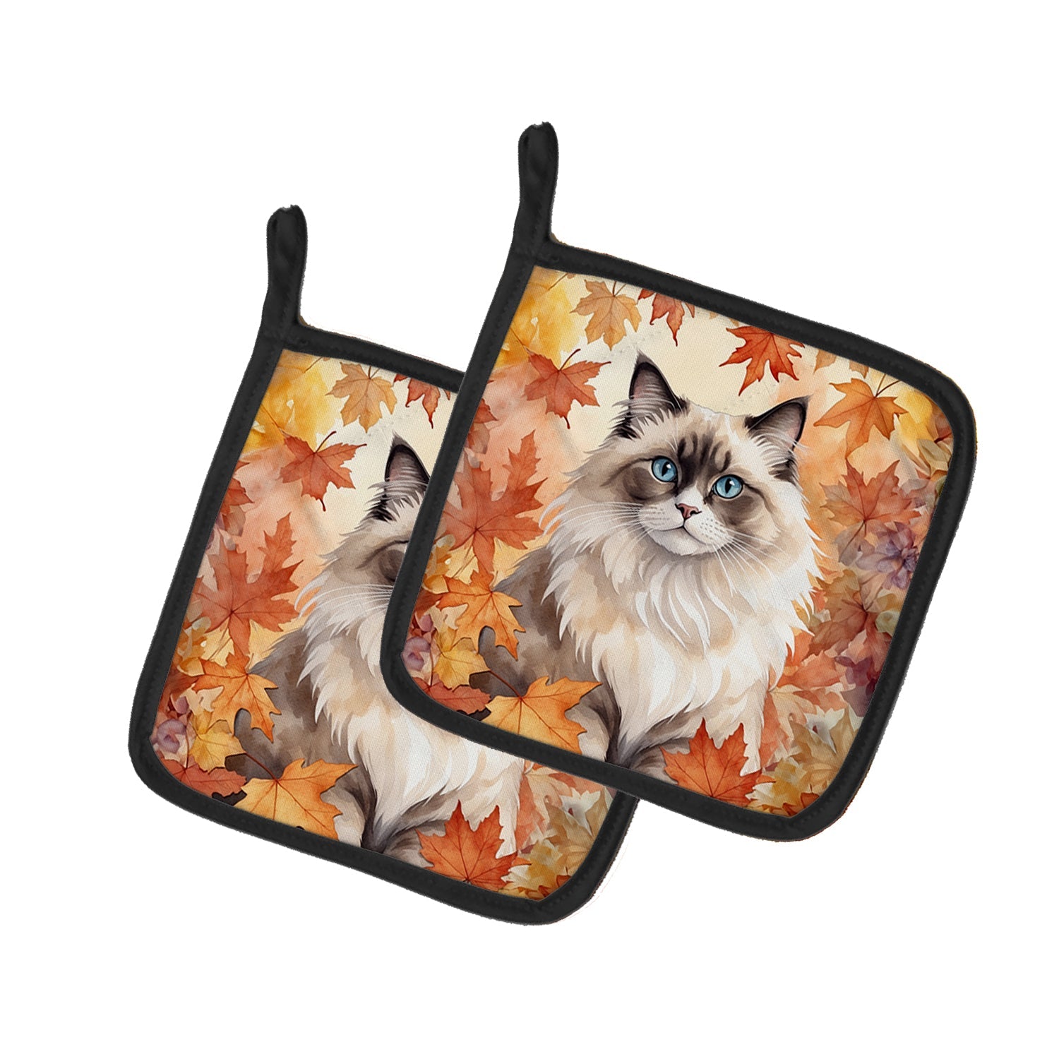 Ragdoll Cat in Fall Leaves Pot Holder Set of 2 Heat Resistant Quilted Hot Pads 7.5 x 7.5 Inch, Insulated Kitchen Trivets for Cooking & Baking