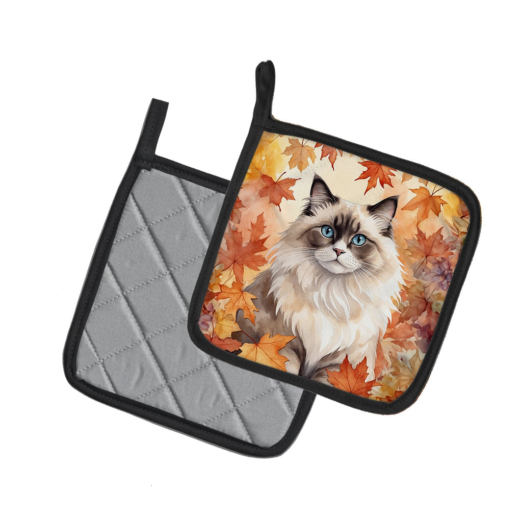 Ragdoll Cat in Fall Leaves Pot Holder Set of 2 Heat Resistant Quilted Hot Pads 7.5 x 7.5 Inch, Insulated Kitchen Trivets for Cooking & Baking