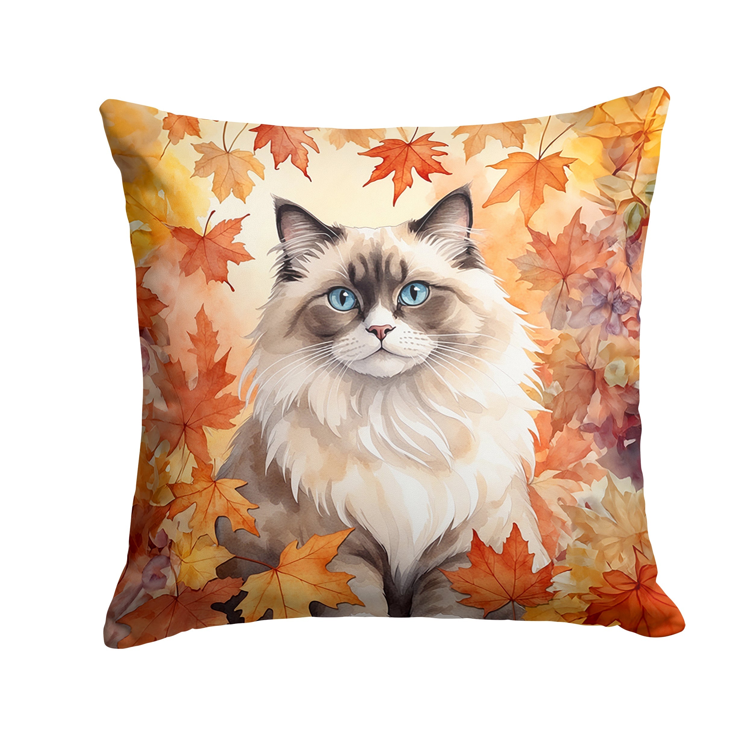 Ragdoll Cat in Fall Leaves Decorative Throw Pillow 14x14 Indoor Outdoor Accent Cushion, Fabric Cover with Insert for Sofa, Bed, Porch & Living Room