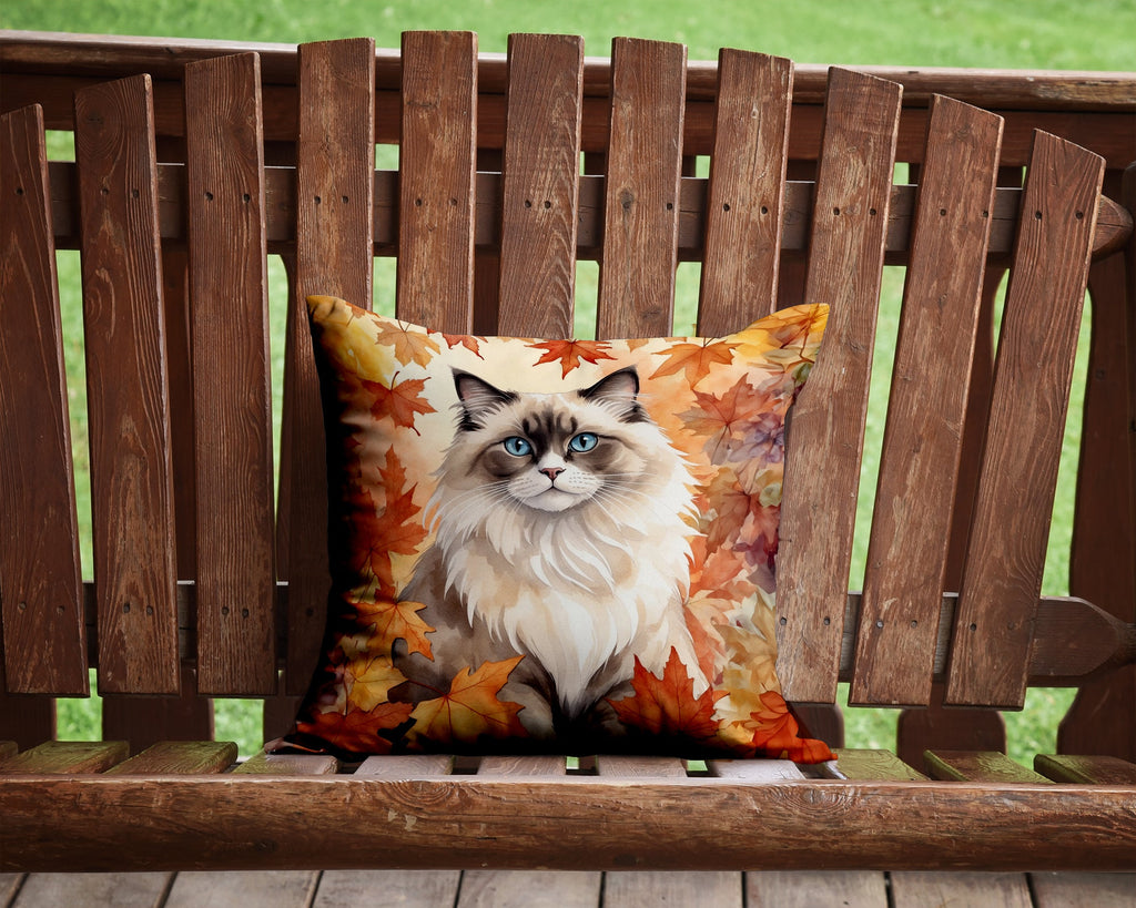 Ragdoll Cat in Fall Leaves Decorative Throw Pillow 14x14 Indoor Outdoor Accent Cushion, Fabric Cover with Insert for Sofa, Bed, Porch & Living Room