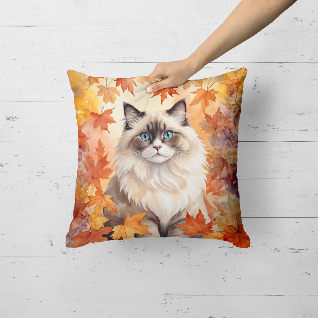 Ragdoll Cat in Fall Leaves Decorative Throw Pillow 18x18 Indoor Outdoor Accent Cushion, Fabric Cover with Insert for Sofa, Bed, Porch & Living Room