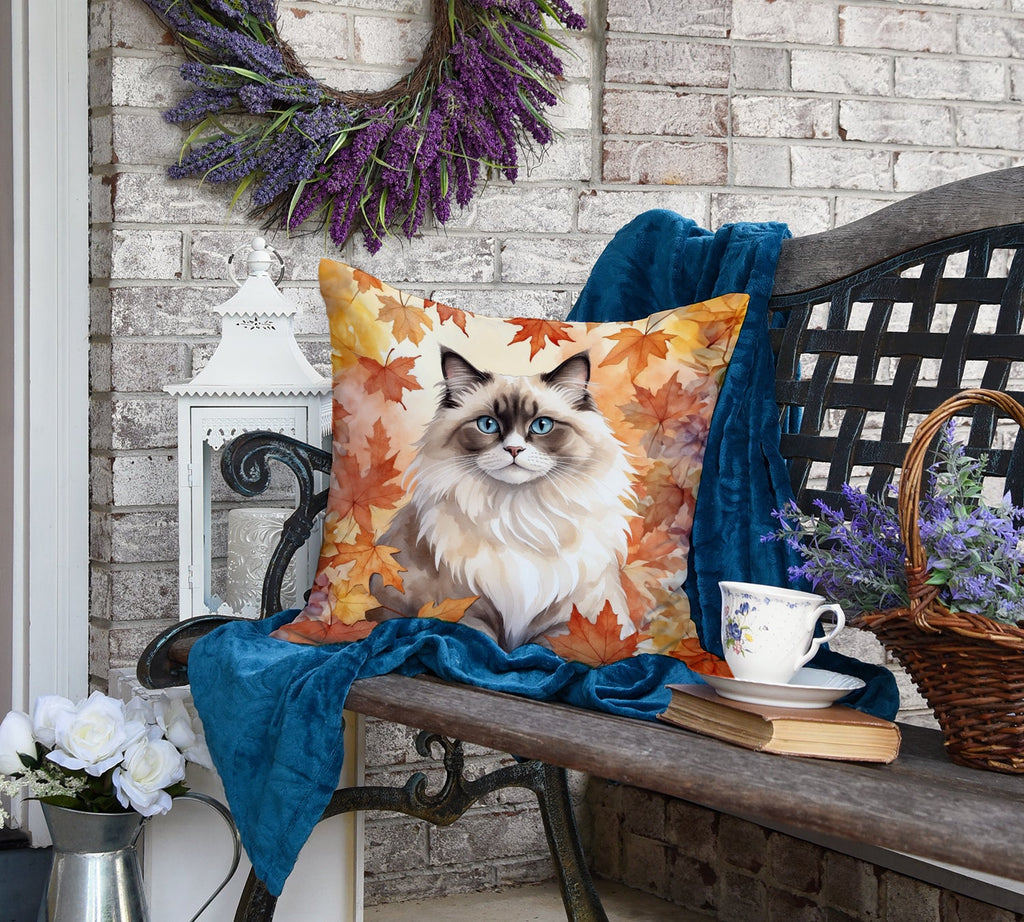 Ragdoll Cat in Fall Leaves Decorative Throw Pillow 18x18 Indoor Outdoor Accent Cushion, Fabric Cover with Insert for Sofa, Bed, Porch & Living Room