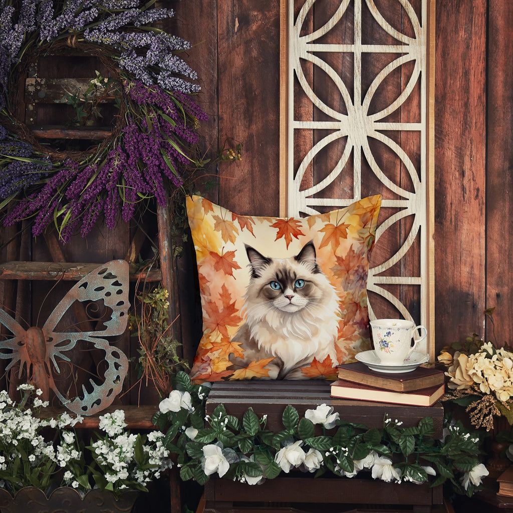 Ragdoll Cat in Fall Leaves Decorative Throw Pillow 18x18 Indoor Outdoor Accent Cushion, Fabric Cover with Insert for Sofa, Bed, Porch & Living Room