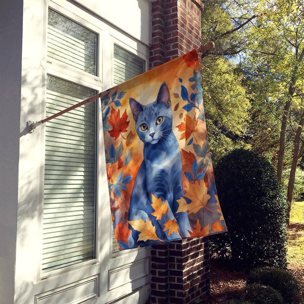 Russian Blue Cat in Fall Leaves House Flag 28x40 Porch Sleeve Pole Decorative Outside Yard Banner Artwork Wall Hanging, Polyester