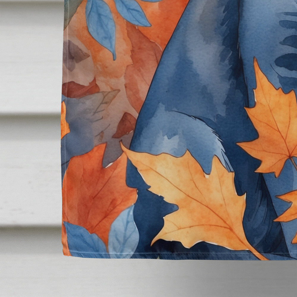 Russian Blue Cat in Fall Leaves House Flag 28x40 Porch Sleeve Pole Decorative Outside Yard Banner Artwork Wall Hanging, Polyester
