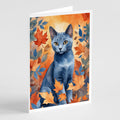 Russian Blue Cat in Fall Leaves Greeting Cards Pack of 8 Blank Cards with Envelopes Whimsical A7 Size 5x7