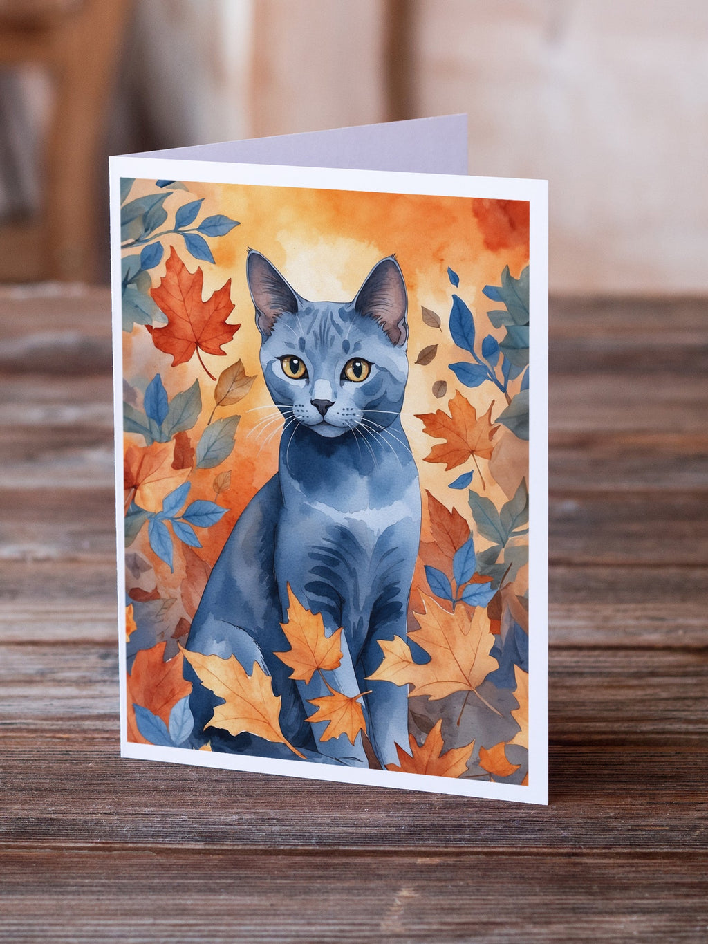 Russian Blue Cat in Fall Leaves Greeting Cards Pack of 8 Blank Cards with Envelopes Whimsical A7 Size 5x7