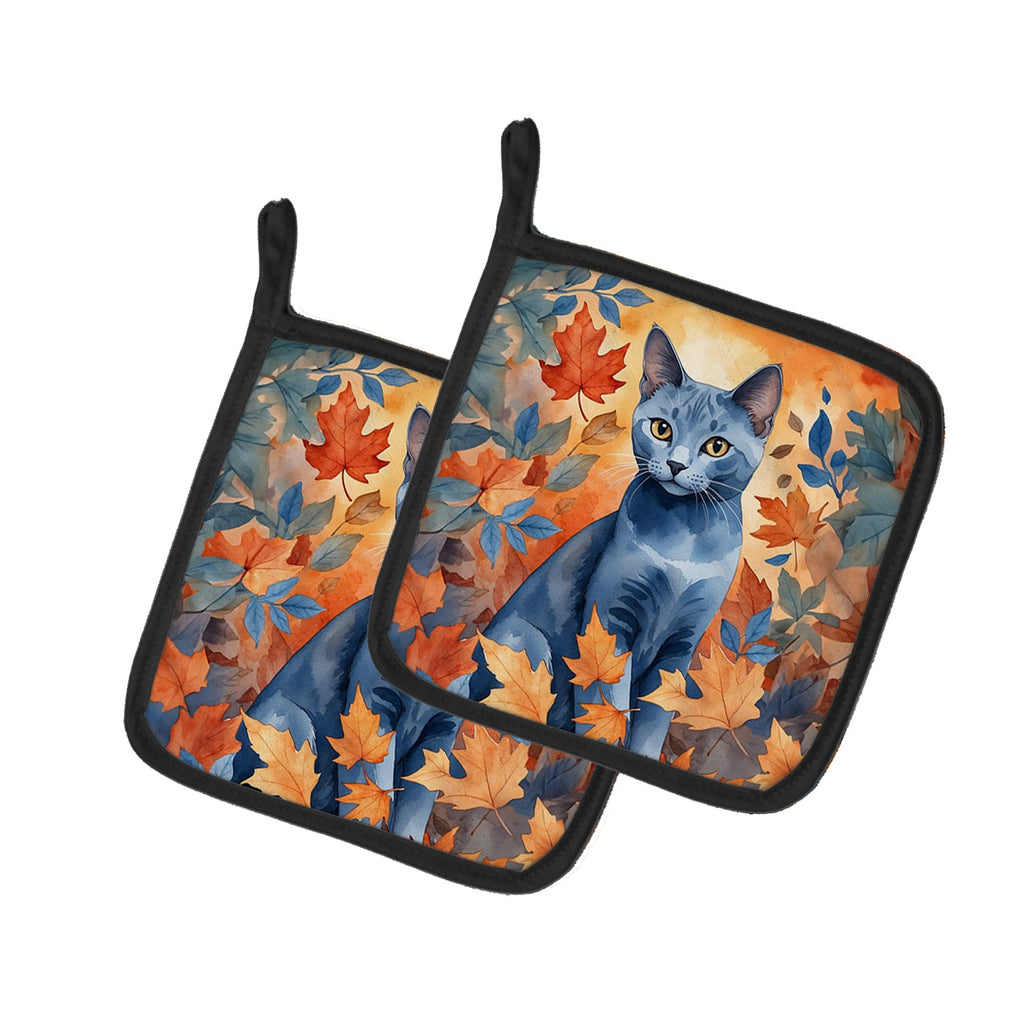 Russian Blue Cat in Fall Leaves Pot Holder Set of 2 Heat Resistant Quilted Hot Pads 7.5 x 7.5 Inch, Insulated Kitchen Trivets for Cooking & Baking