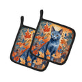 Russian Blue Cat in Fall Leaves Pot Holder Set of 2 Heat Resistant Quilted Hot Pads 7.5 x 7.5 Inch, Insulated Kitchen Trivets for Cooking & Baking