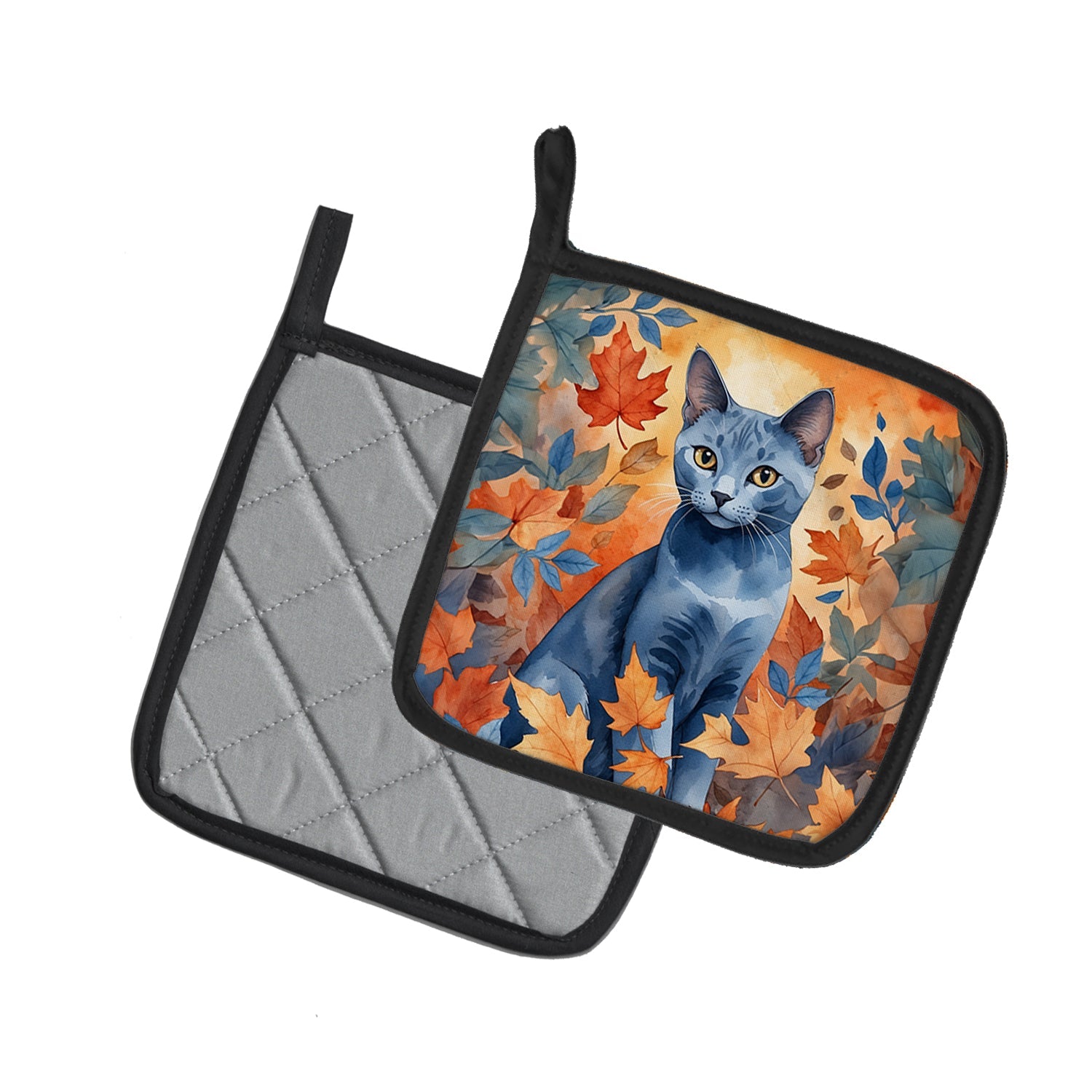 Russian Blue Cat in Fall Leaves Pot Holder Set of 2 Heat Resistant Quilted Hot Pads 7.5 x 7.5 Inch, Insulated Kitchen Trivets for Cooking & Baking