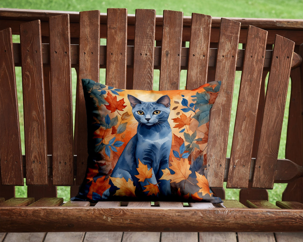 Russian Blue Cat in Fall Leaves Decorative Throw Pillow 14x14 Indoor Outdoor Accent Cushion, Fabric Cover with Insert for Sofa, Bed, Porch & Living Room