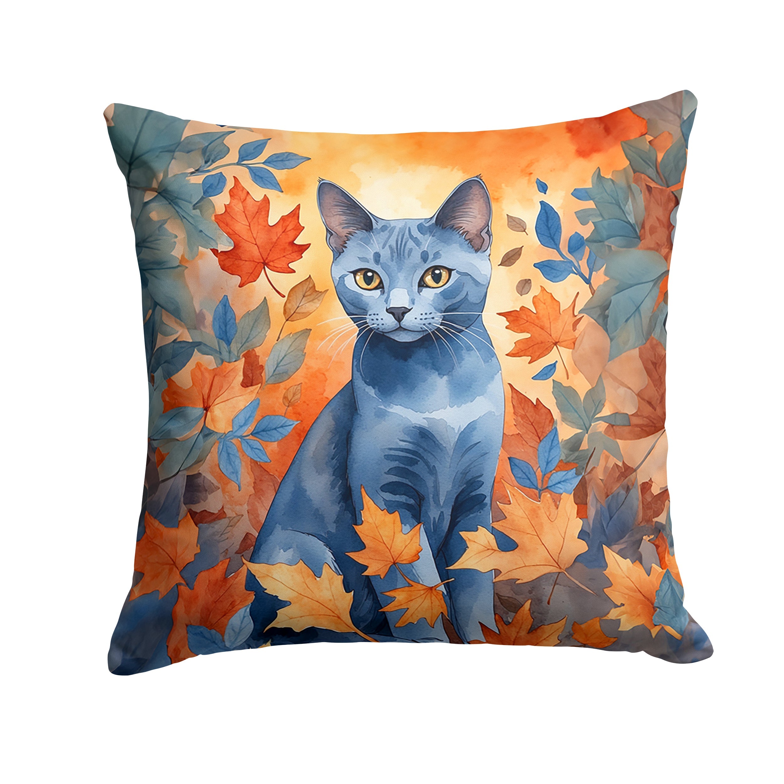 Russian Blue Cat in Fall Leaves Decorative Throw Pillow 18x18 Indoor Outdoor Accent Cushion, Fabric Cover with Insert for Sofa, Bed, Porch & Living Room