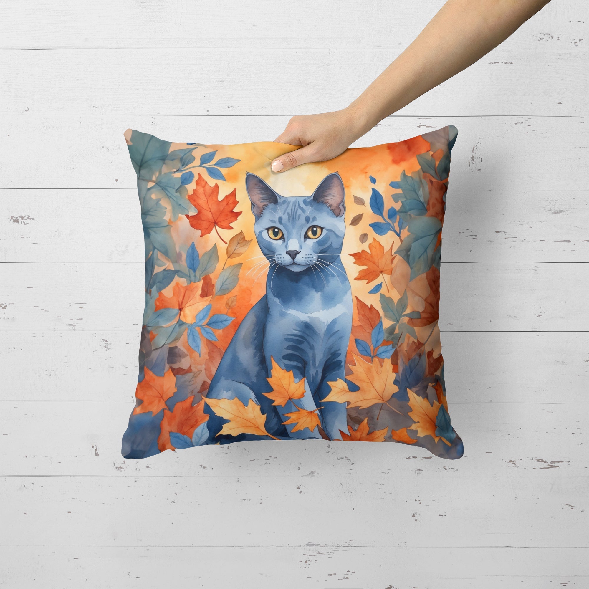 Russian Blue Cat in Fall Leaves Decorative Throw Pillow 18x18 Indoor Outdoor Accent Cushion, Fabric Cover with Insert for Sofa, Bed, Porch & Living Room