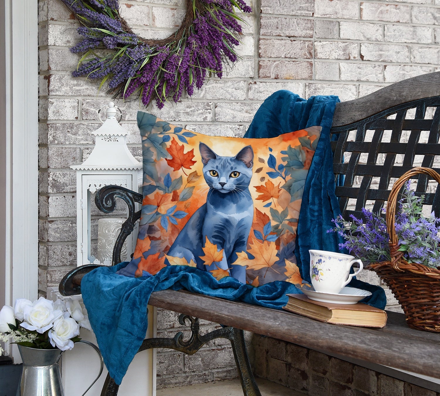 Russian Blue Cat in Fall Leaves Decorative Throw Pillow 18x18 Indoor Outdoor Accent Cushion, Fabric Cover with Insert for Sofa, Bed, Porch & Living Room