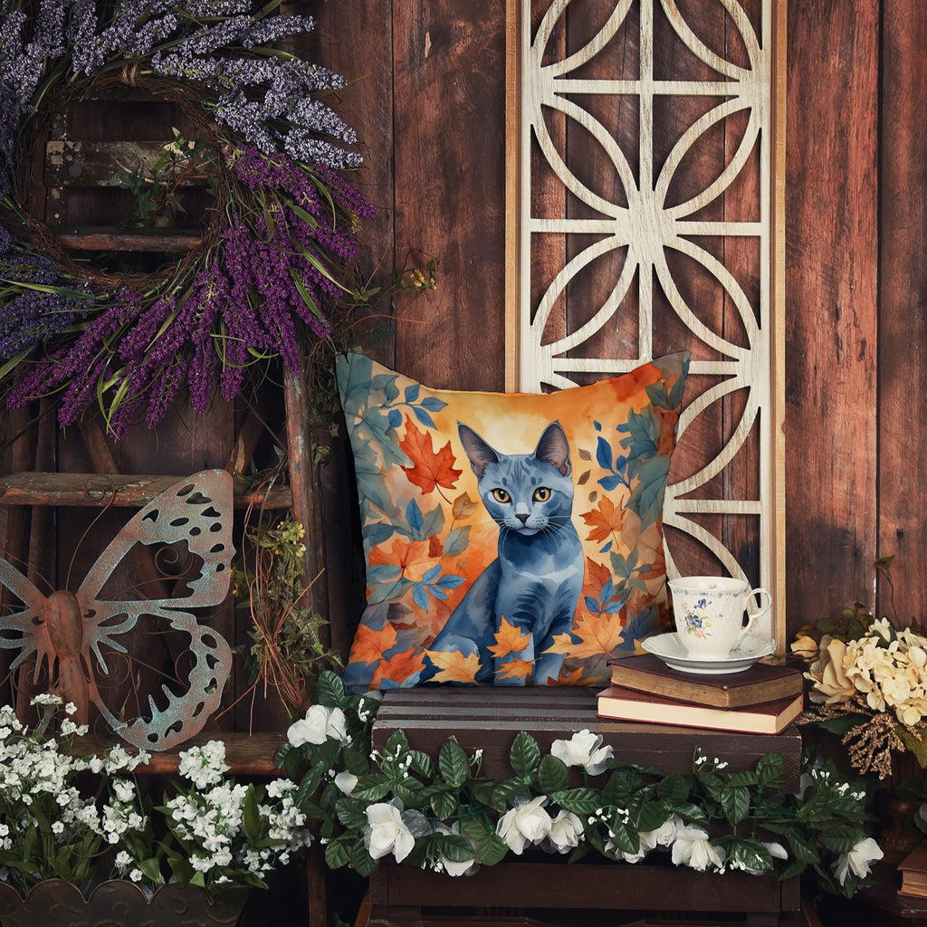 Russian Blue Cat in Fall Leaves Decorative Throw Pillow 18x18 Indoor Outdoor Accent Cushion, Fabric Cover with Insert for Sofa, Bed, Porch & Living Room